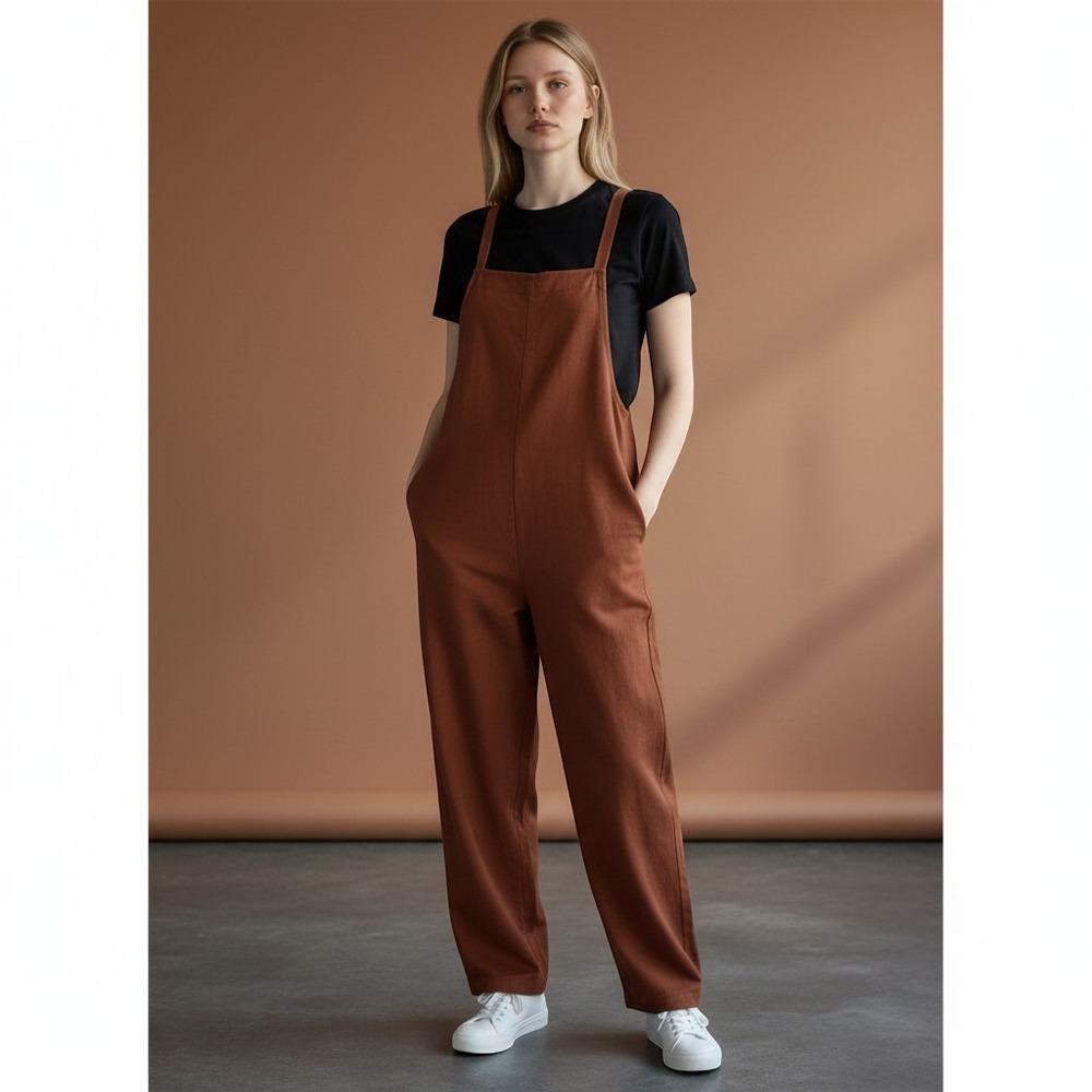 Quince NWT XL Burnt Orange Lyocell‎ Knit Strap Utility Tapered Romper